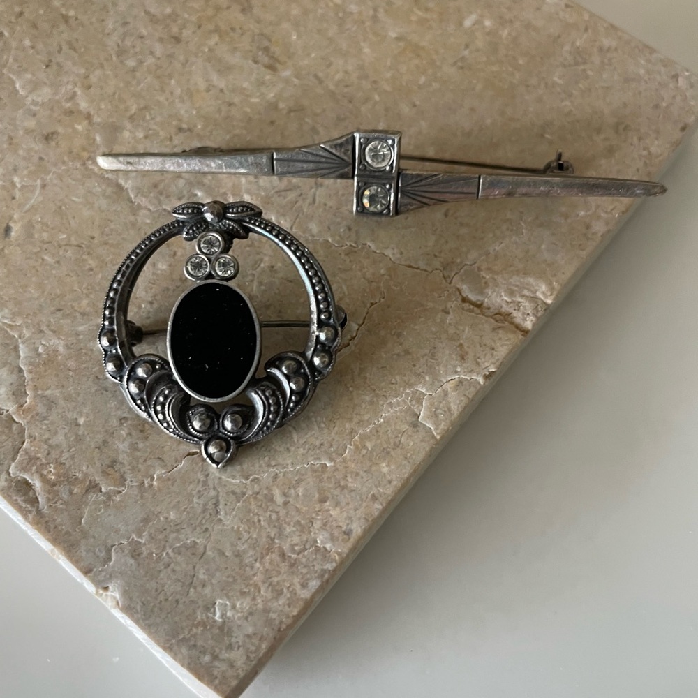 Y2K Vintage Sterling Silver and Black Brooch Set